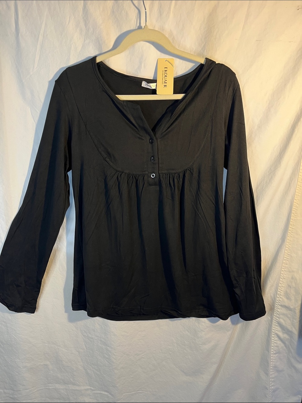 Ekouner Black Long-Sleeve V-Neck baby doll top NWT S